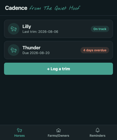 Cadence dark-mode horse list showing trim status for Lilly and Thunder
