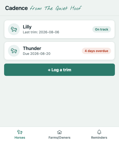 Cadence light-mode horse list showing trim status for Lilly and Thunder
